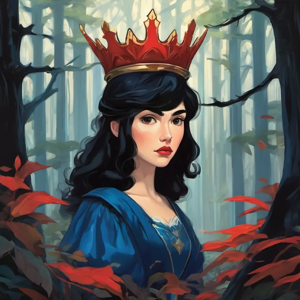 The text is written on a page, featuring a dark and eerie forest with the huntsman and Fair skin, red lips, black hair, wearing a blue dress and a crown standing in the center. The huntsman appears hesitant and troubled.