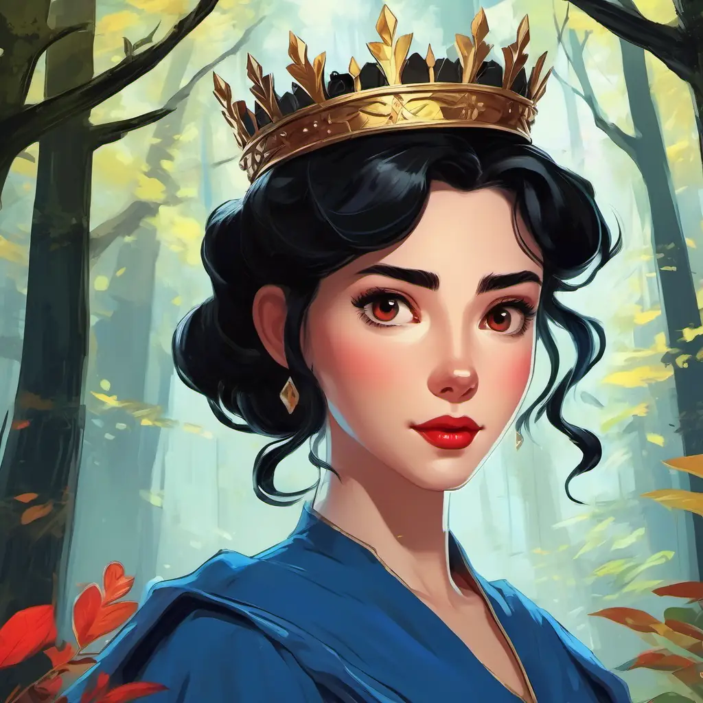 The text is written on a page, showing the huntsman releasing Fair skin, red lips, black hair, wearing a blue dress and a crown, who looks both relieved and determined to survive in the dangerous forest.