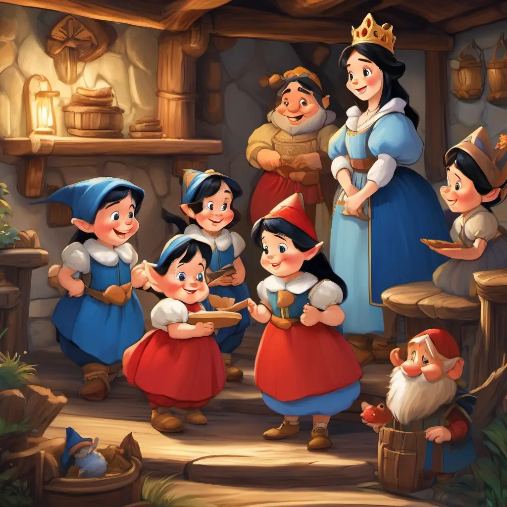 The text is written on a page, showcasing the seven dwarfs standing in a line, looking friendly and kind. Fair skin, red lips, black hair, wearing a blue dress and a crown is shown interacting happily with them in the cottage.