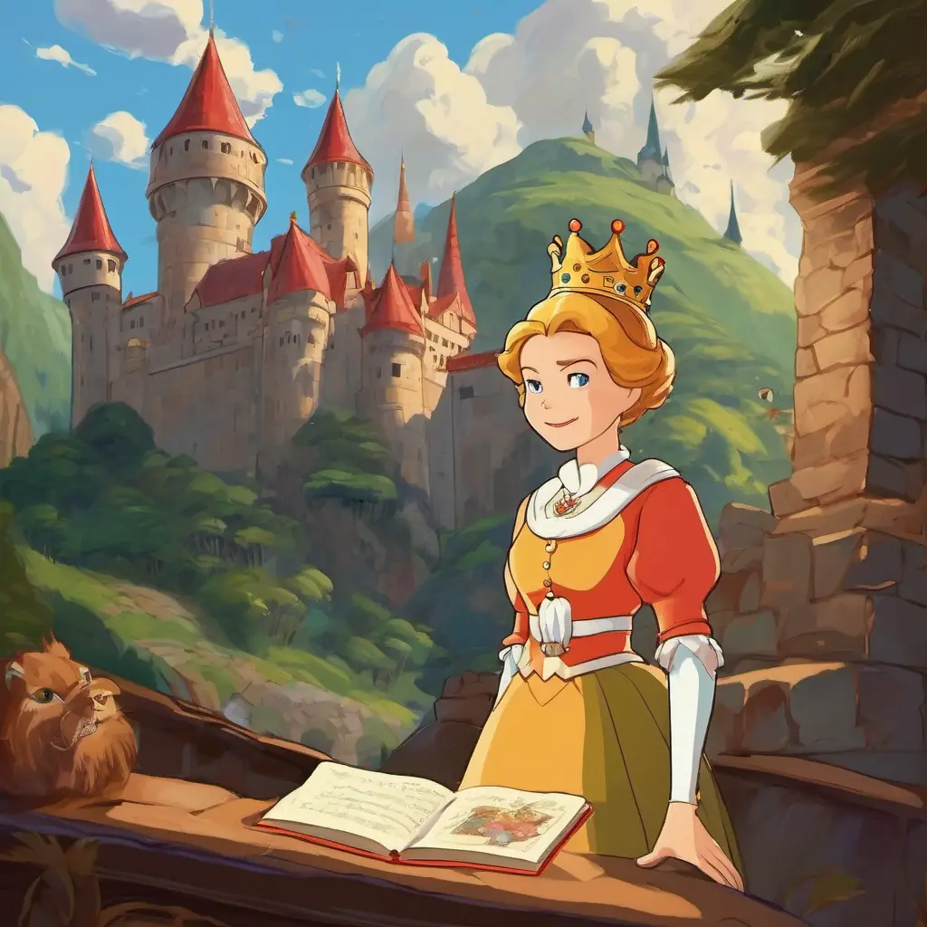 The text is written on a page, featuring the queen plotting in her castle with a malicious grin on her face.