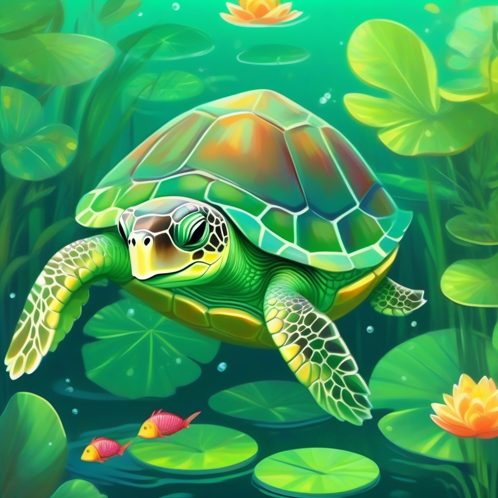 A green turtle with a friendly smile and a shiny shell swimming in a pond with lily pads and friendly fish