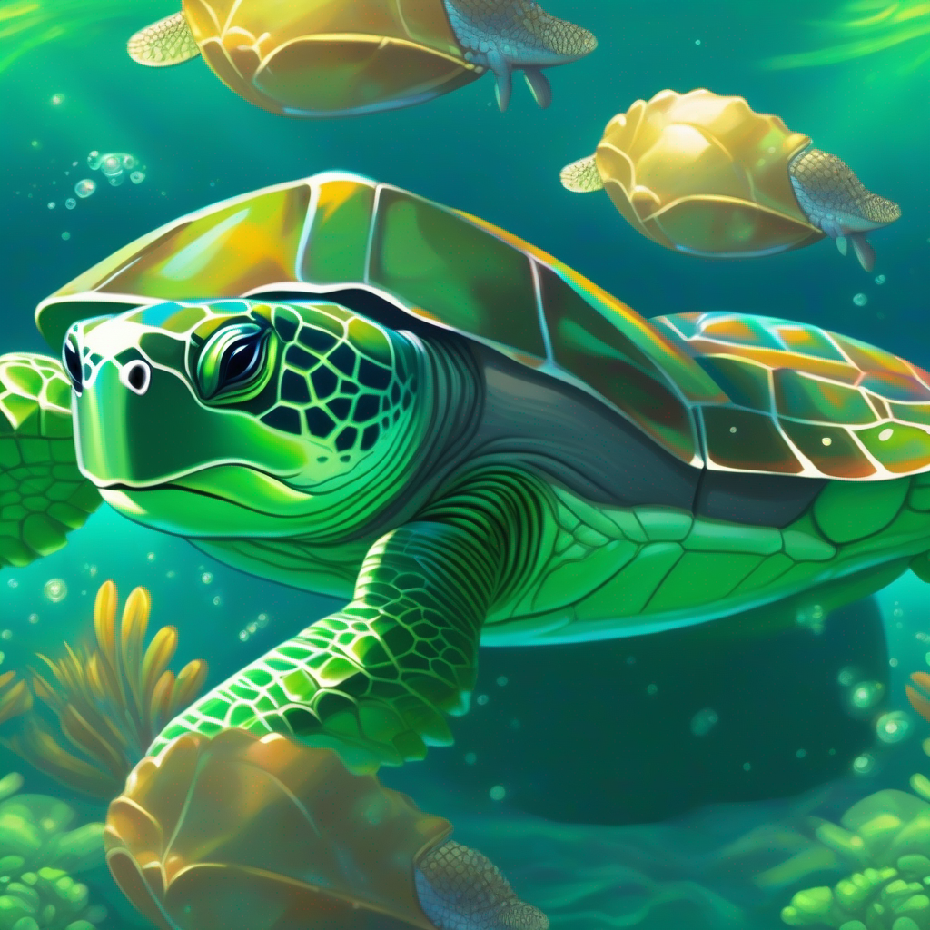 A green turtle with a friendly smile and a shiny shell staring at a beautiful, shiny shell in the water