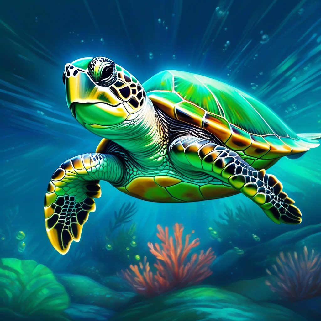 A green turtle with a friendly smile and a shiny shell swimming excitedly towards the shiny shell