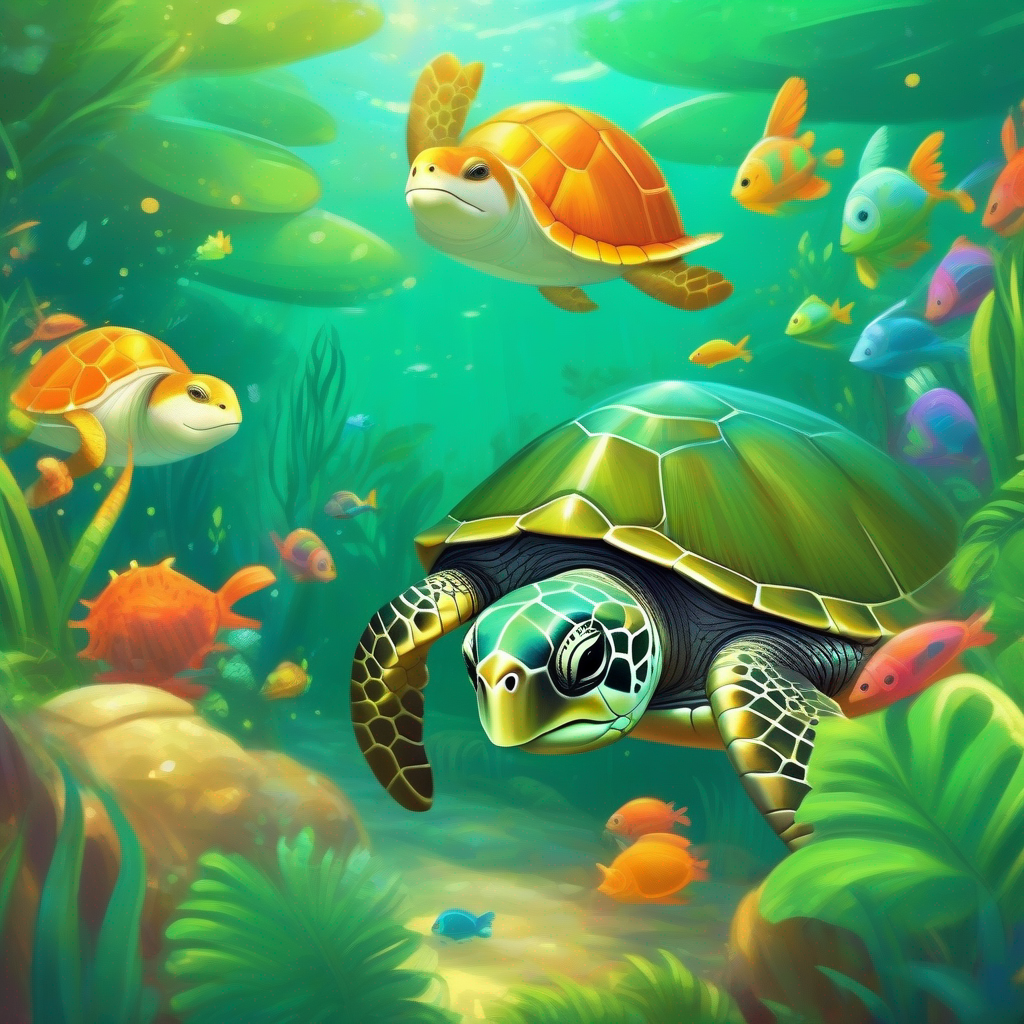 A green turtle with a friendly smile and a shiny shell surrounded by animals, with a speech bubble