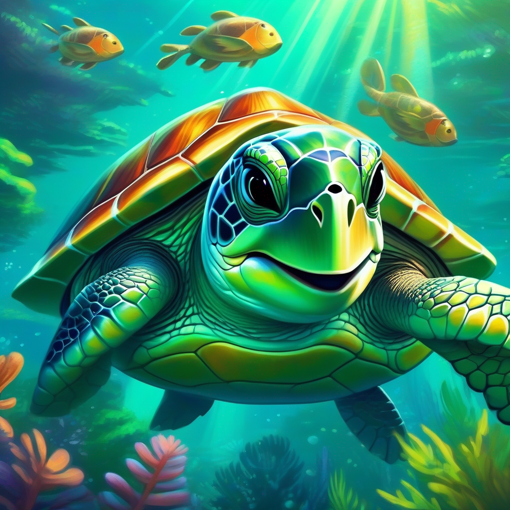 A green turtle with a friendly smile and a shiny shell having lively conversations with various animals