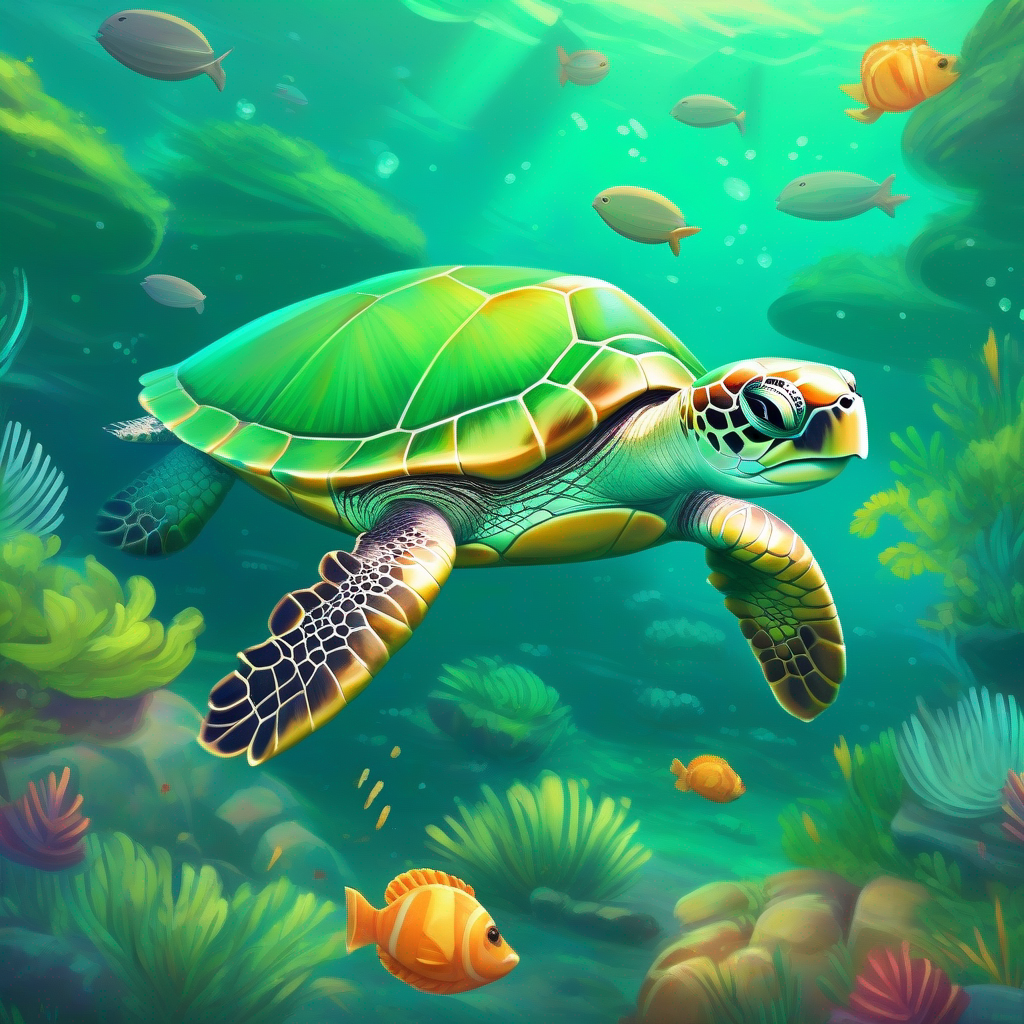 A green turtle with a friendly smile and a shiny shell swimming happily with a diverse group of animals around him