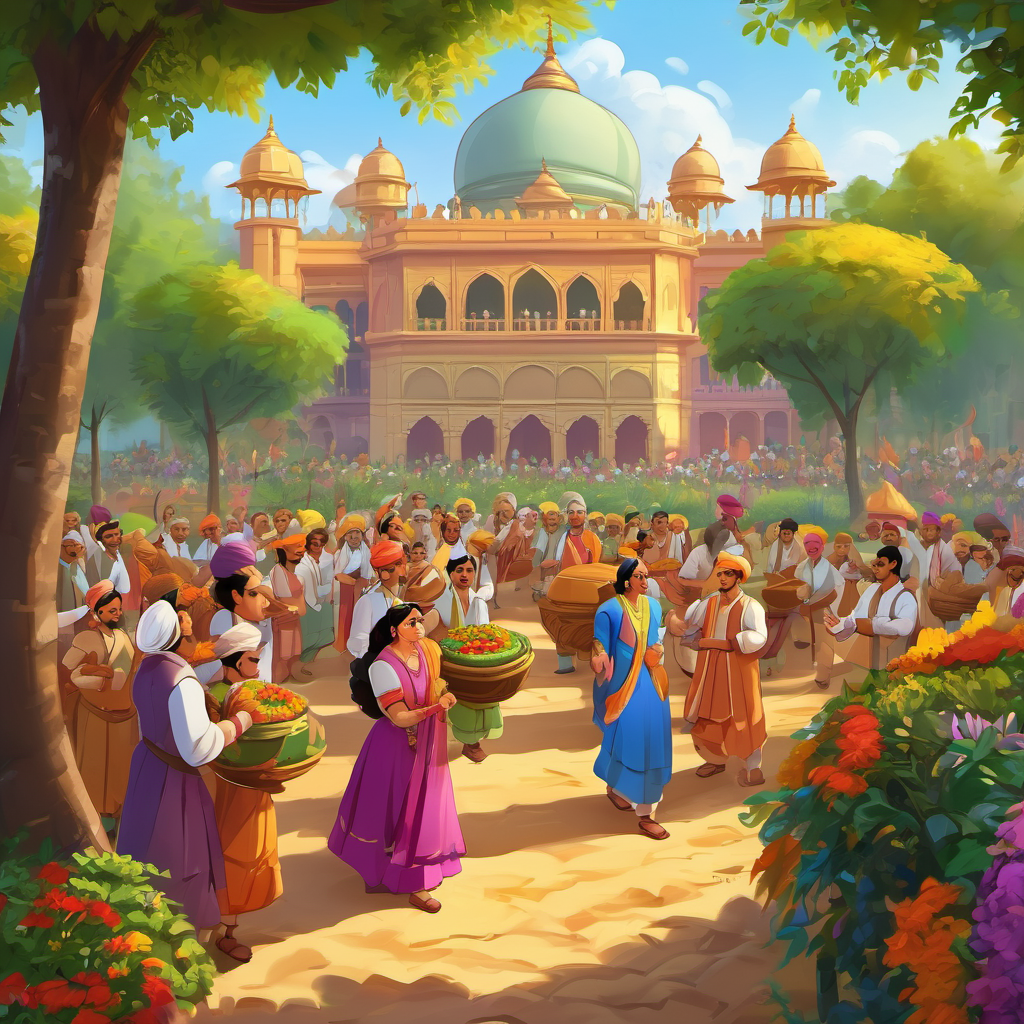 One sunny morning, Raja Birbal decided to have a grand feast for all the villagers to celebrate their hard work and good harvest. The feast was held in the beautiful palace gardens, full of colorful flowers and magnificent trees.