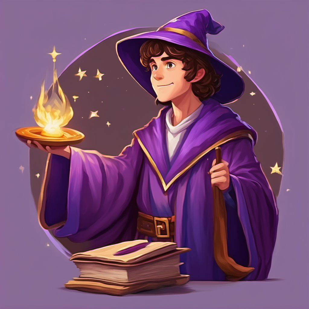 talented wizard with brown hair and a purple robe, a talented wizard with brown hair and a purple robe