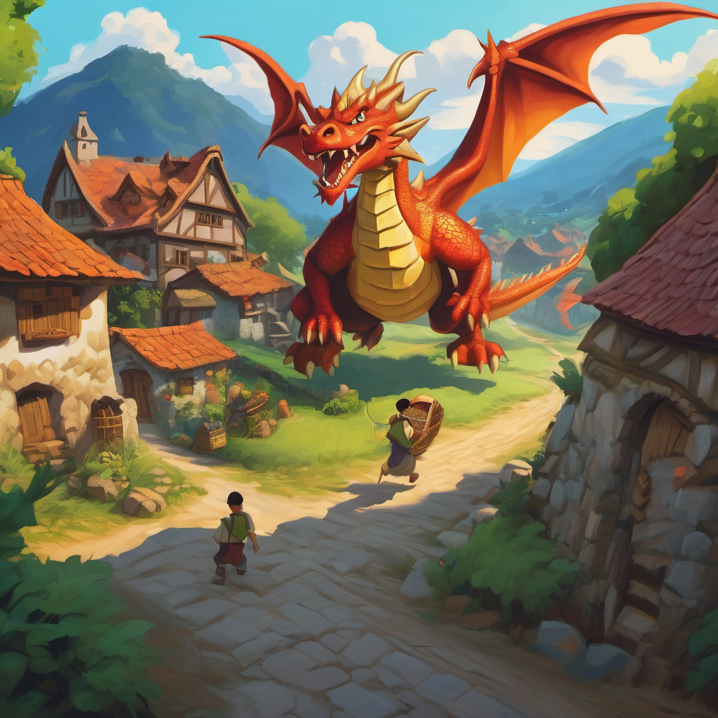 Dragon terrorizing the village and hungry villagers