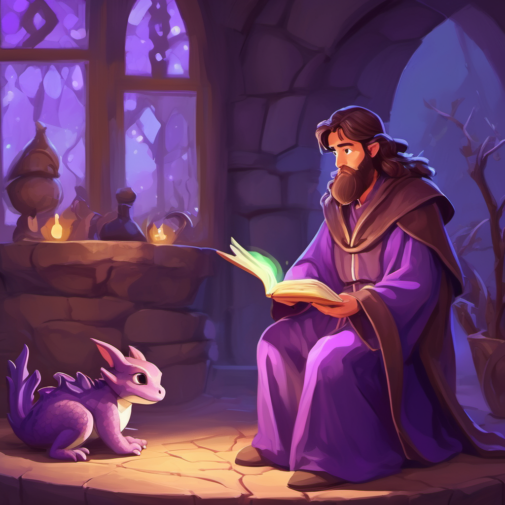 talented wizard with brown hair and a purple robe thinking about how to solve the baby dragon, scared and lonely problem