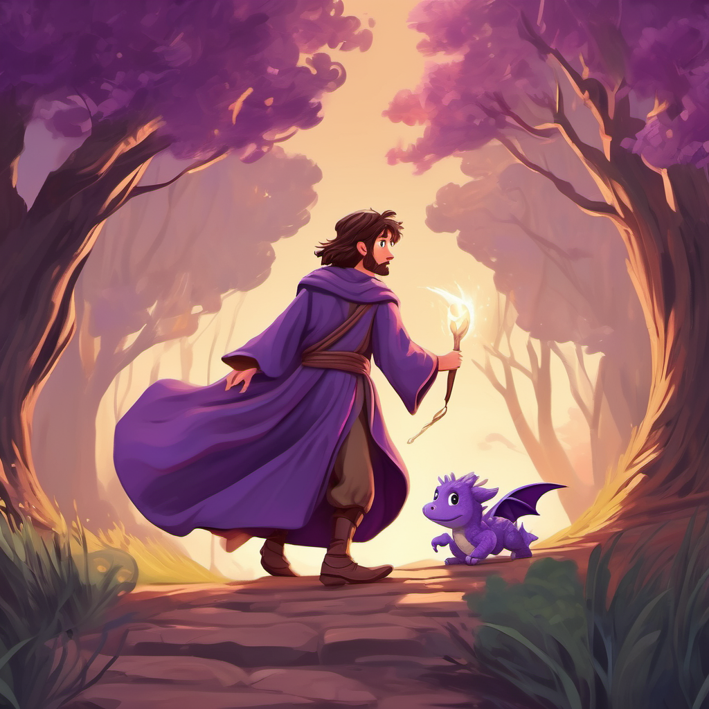 talented wizard with brown hair and a purple robe turning invisible and sneaking towards the baby dragon, scared and lonely