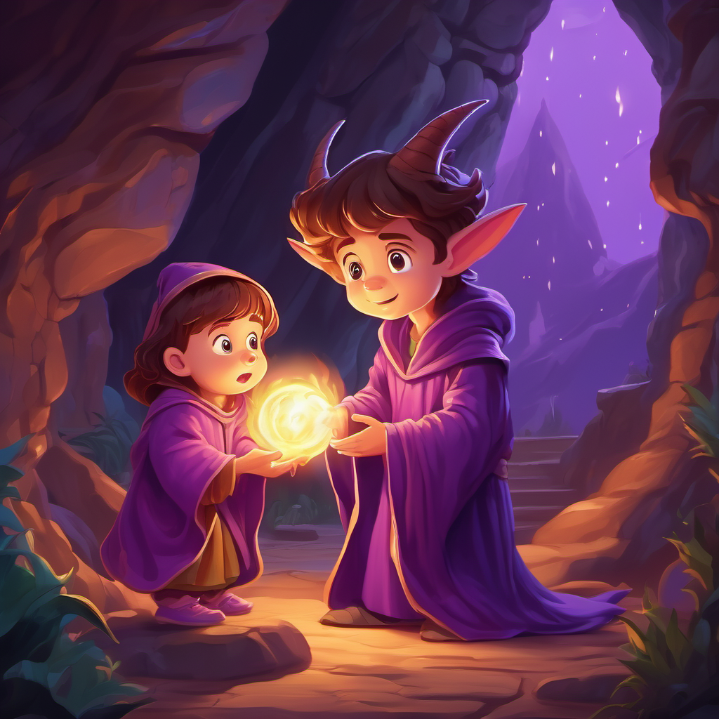 talented wizard with brown hair and a purple robe discovering a scared baby baby dragon, scared and lonely in the lair