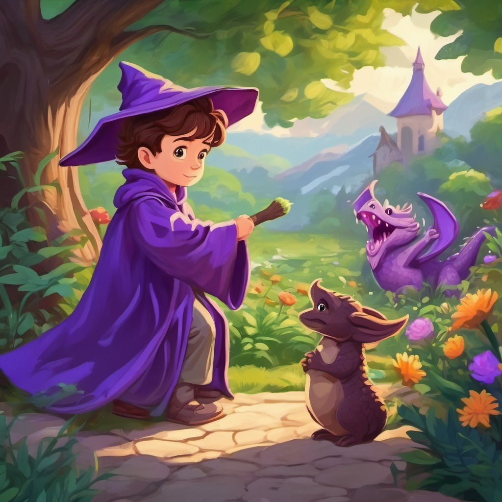 talented wizard with brown hair and a purple robe creating a beautiful garden and teaching the baby dragon, scared and lonely