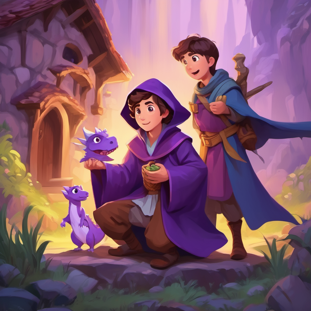 Villagers happy, talented wizard with brown hair and a purple robe as a hero, and baby dragon, scared and lonely as a friend