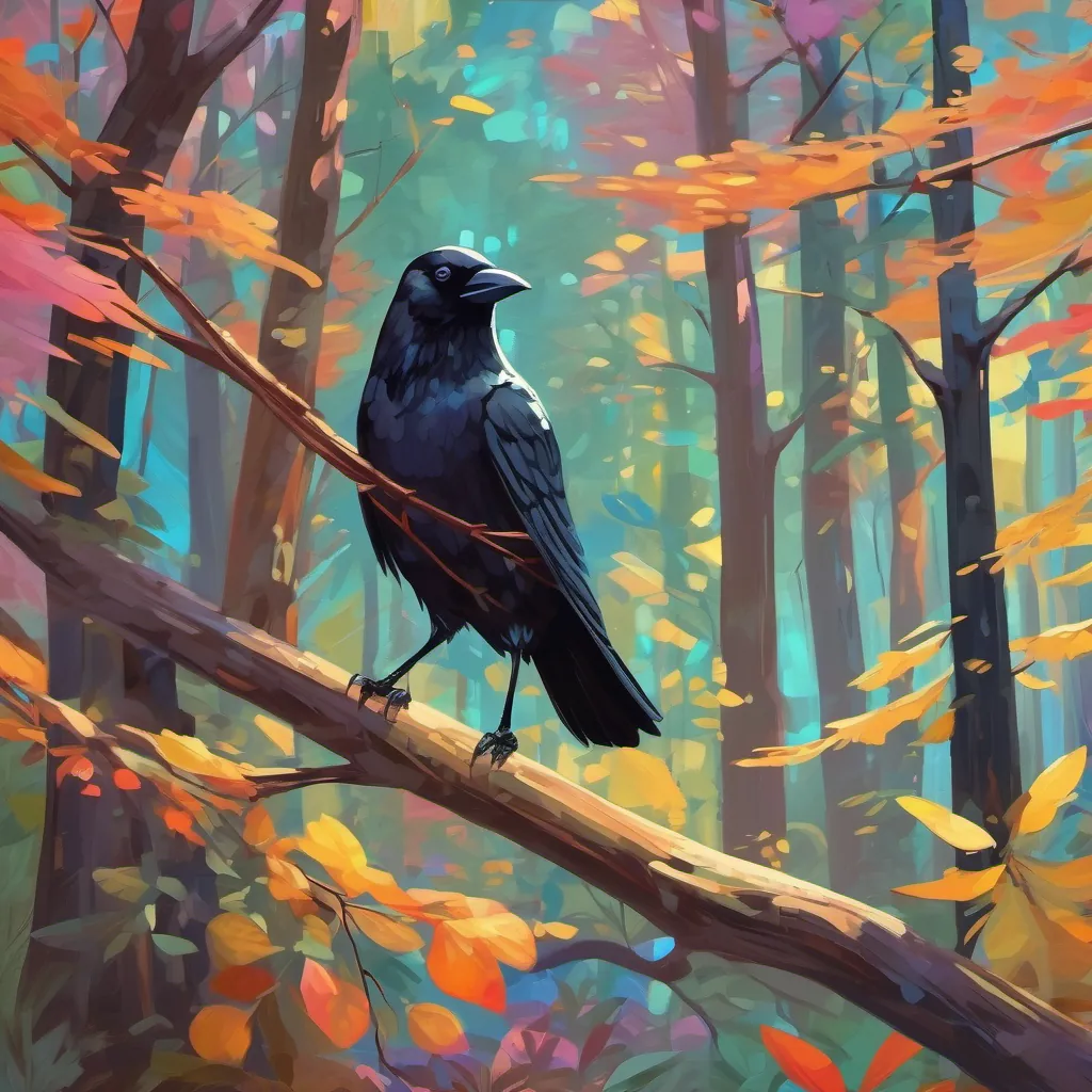 A whimsical crow with shiny feathers and bright eyes is perched on a branch in a colorful forest.