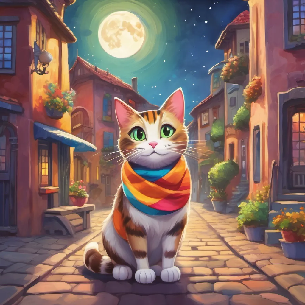 A whimsical cat wearing a colorful scarf exploring a vibrant, surreal town with a bright moon in the sky