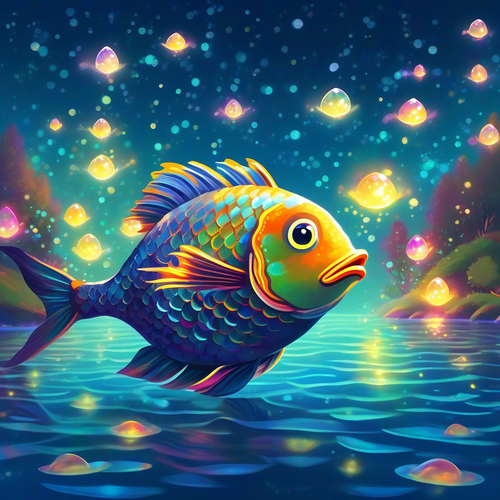 Friends meeting Sparkle - a magical fish with shimmering scales, a sparkling fish in the river.