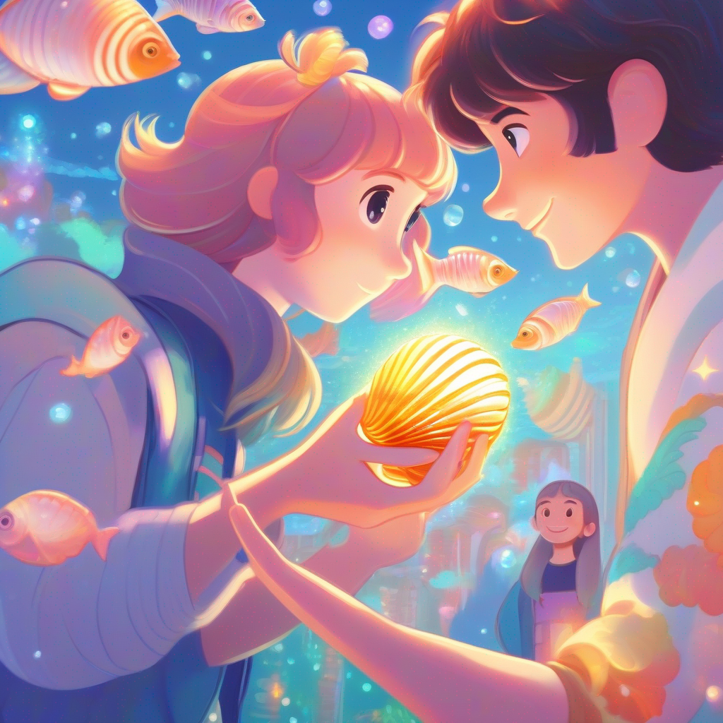 Friends exchanging a seashell with Sparkle - a magical fish with shimmering scales to find the bracelet.