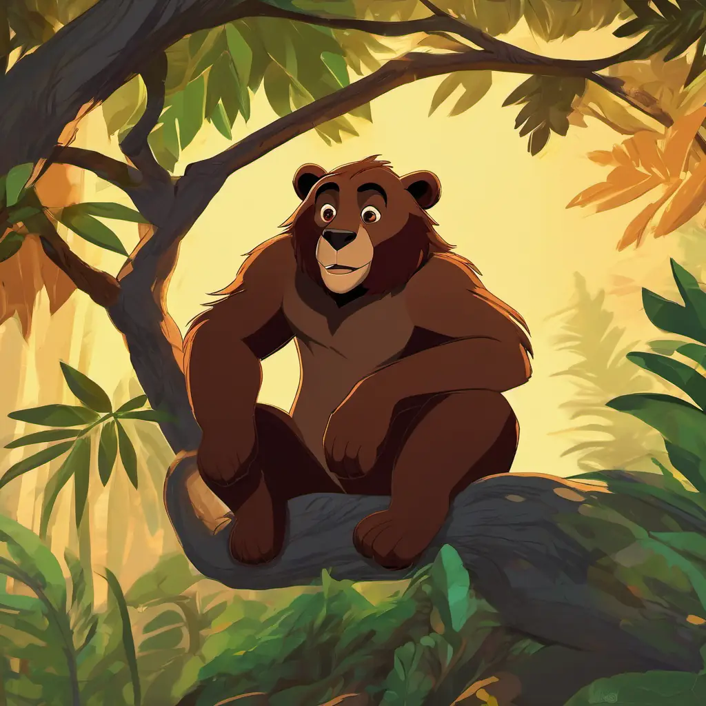 Mowgli - a young boy with a brown skin and black eyes sitting on a tree branch with Baloo - a friendly bear with brown fur and kind eyes, Bagheera - a sleek black panther with shiny green eyes, and King Louie - a big orangutan with reddish-brown fur and a playful expression beside him