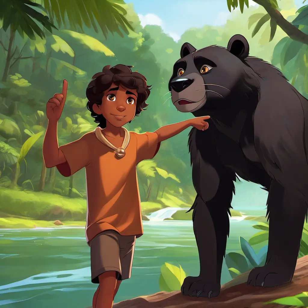 Mowgli - a young boy with a brown skin and black eyes pointing at the river, while Baloo - a friendly bear with brown fur and kind eyes, Bagheera - a sleek black panther with shiny green eyes, and King Louie - a big orangutan with reddish-brown fur and a playful expression search for the shiny object