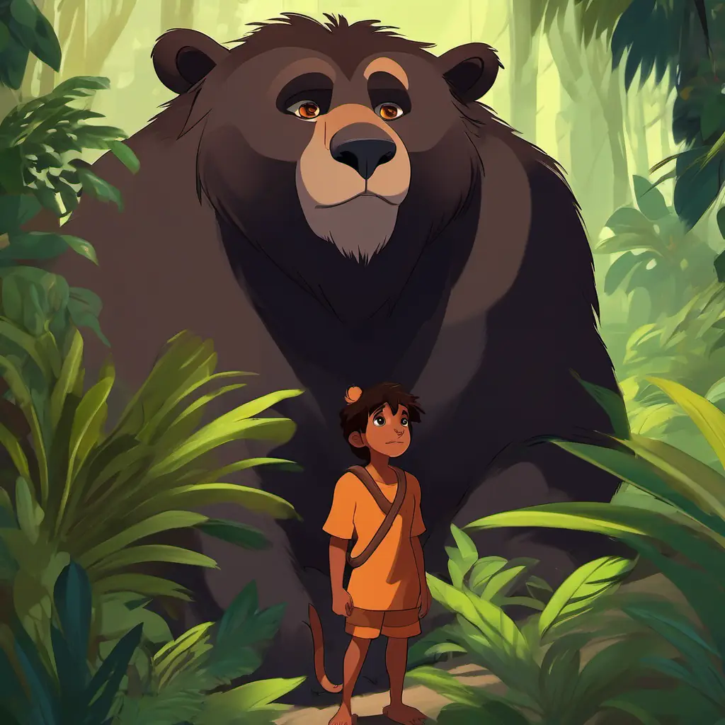 Mowgli - a young boy with a brown skin and black eyes looking sad as Baloo - a friendly bear with brown fur and kind eyes encourages him to keep searching, while Bagheera - a sleek black panther with shiny green eyes and King Louie - a big orangutan with reddish-brown fur and a playful expression look determined