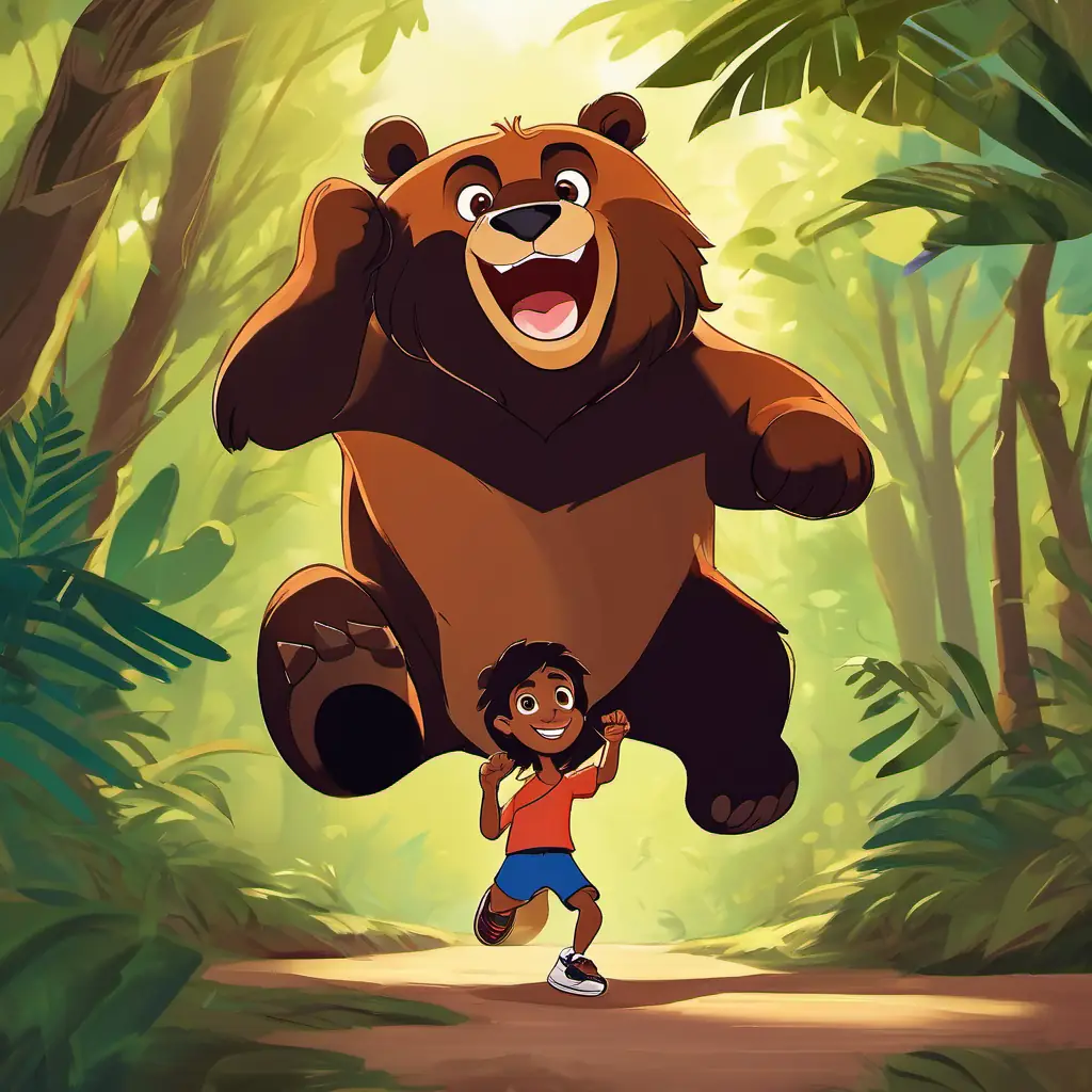 Mowgli - a young boy with a brown skin and black eyes jumping with joy, holding the shiny object he found as Baloo - a friendly bear with brown fur and kind eyes, Bagheera - a sleek black panther with shiny green eyes, and King Louie - a big orangutan with reddish-brown fur and a playful expression cheer for him