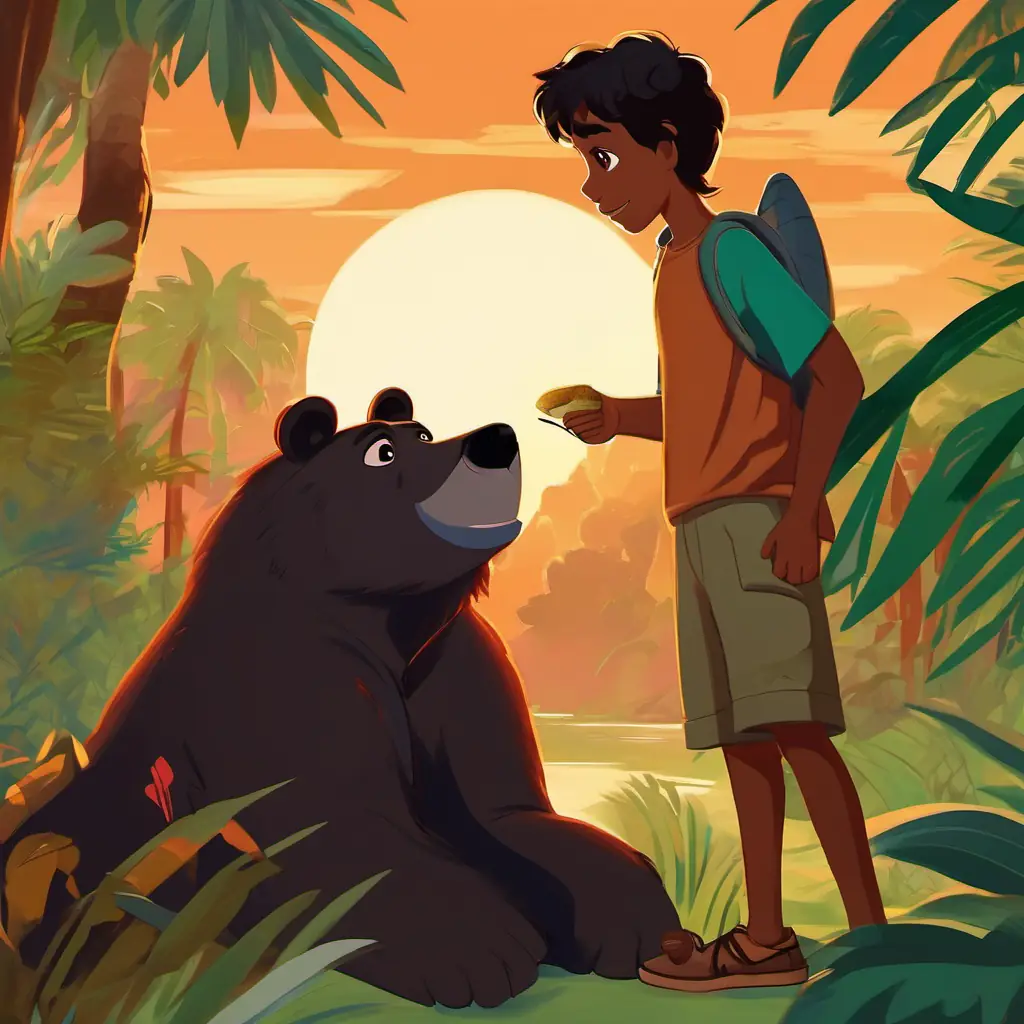 Mowgli - a young boy with a brown skin and black eyes sharing the shiny object with Baloo - a friendly bear with brown fur and kind eyes, Bagheera - a sleek black panther with shiny green eyes, and King Louie - a big orangutan with reddish-brown fur and a playful expression, with a sunset in the background