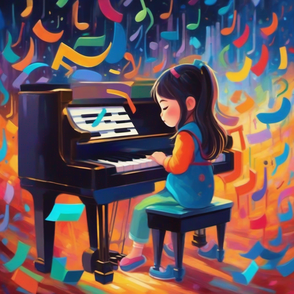 Little girl playing piano, determined and passionate, wearing bright colors playing piano, colorful music notes, determination