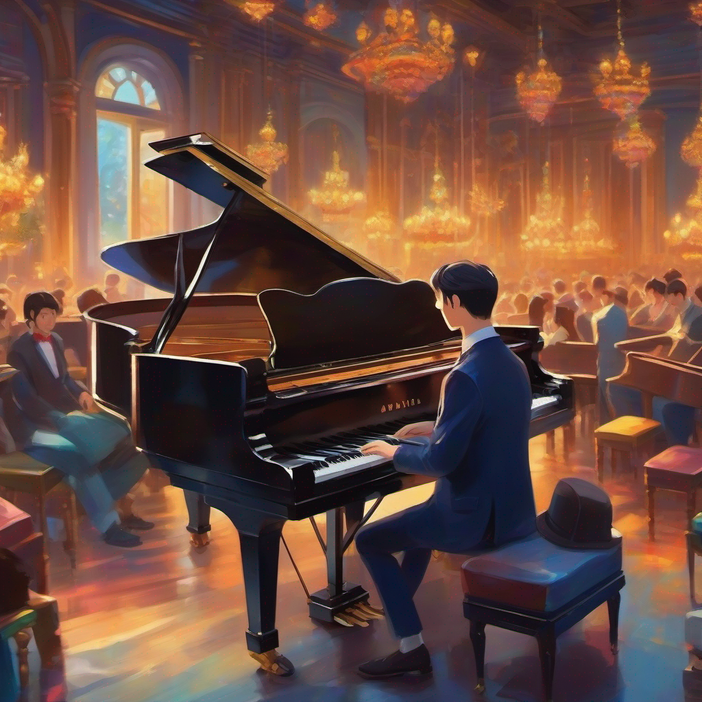 Wise musician playing grand piano, kind smile, wearing elegant clothes playing grand piano, magical music surrounding them