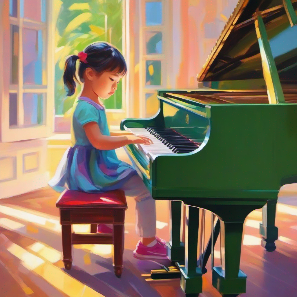Little girl playing piano, determined and passionate, wearing bright colors practicing piano, sweat on her forehead, dedication