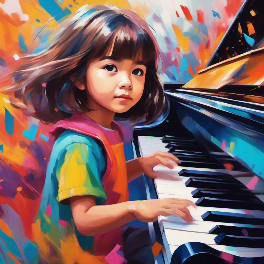 Little girl playing piano, determined and passionate, wearing bright colors playing piano with confidence, musical notes floating around her