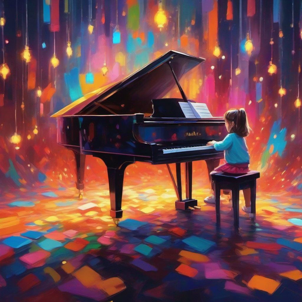 Little girl playing piano, determined and passionate, wearing bright colors on stage, bright lights, nervous but determined
