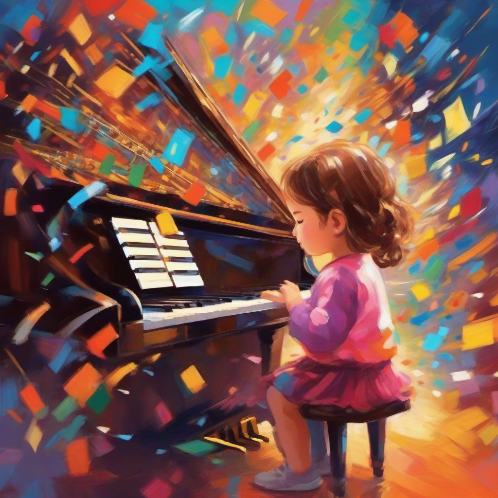 Little girl playing piano, determined and passionate, wearing bright colors playing piano, beautiful music notes, happy audience