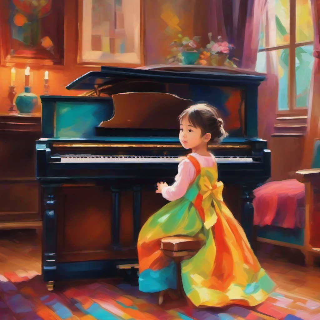 Little girl playing piano, determined and passionate, wearing bright colors playing piano, people amazed, determination in her eyes