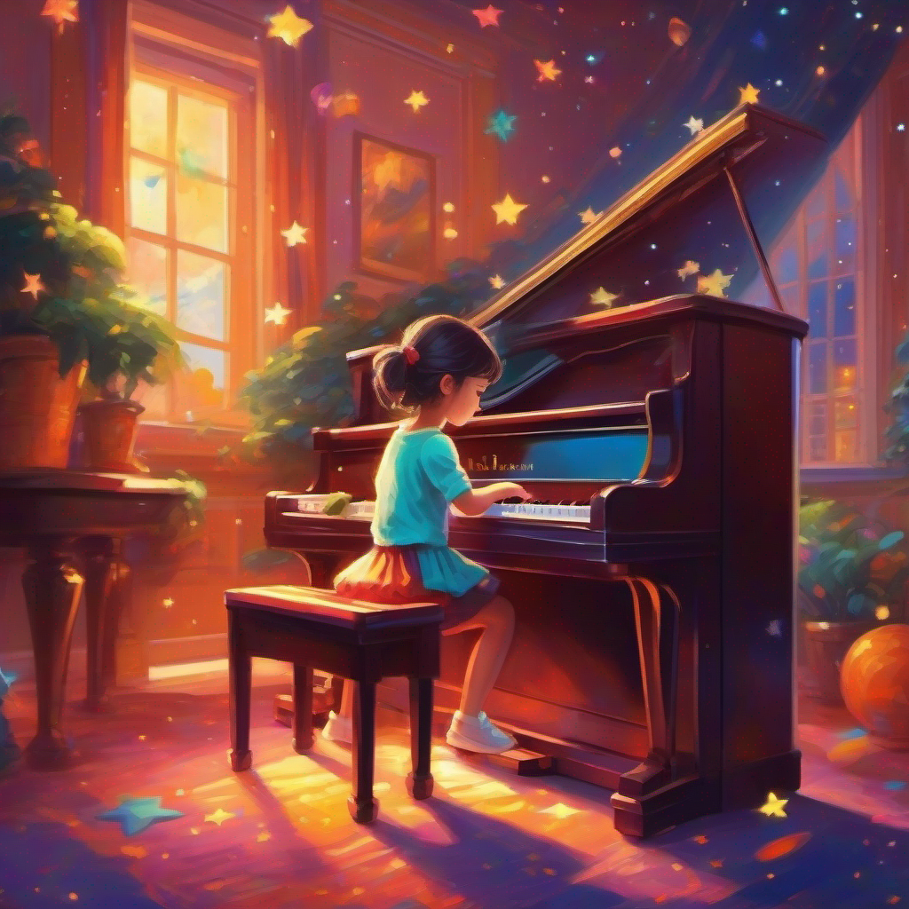 Little girl playing piano, determined and passionate, wearing bright colors playing piano, stars surrounding her, dreamy atmosphere