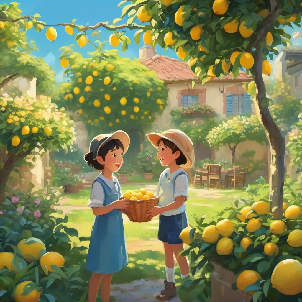 A lush garden with vibrant flowers, a clear blue sky, and two children giggling under a lemon tree.