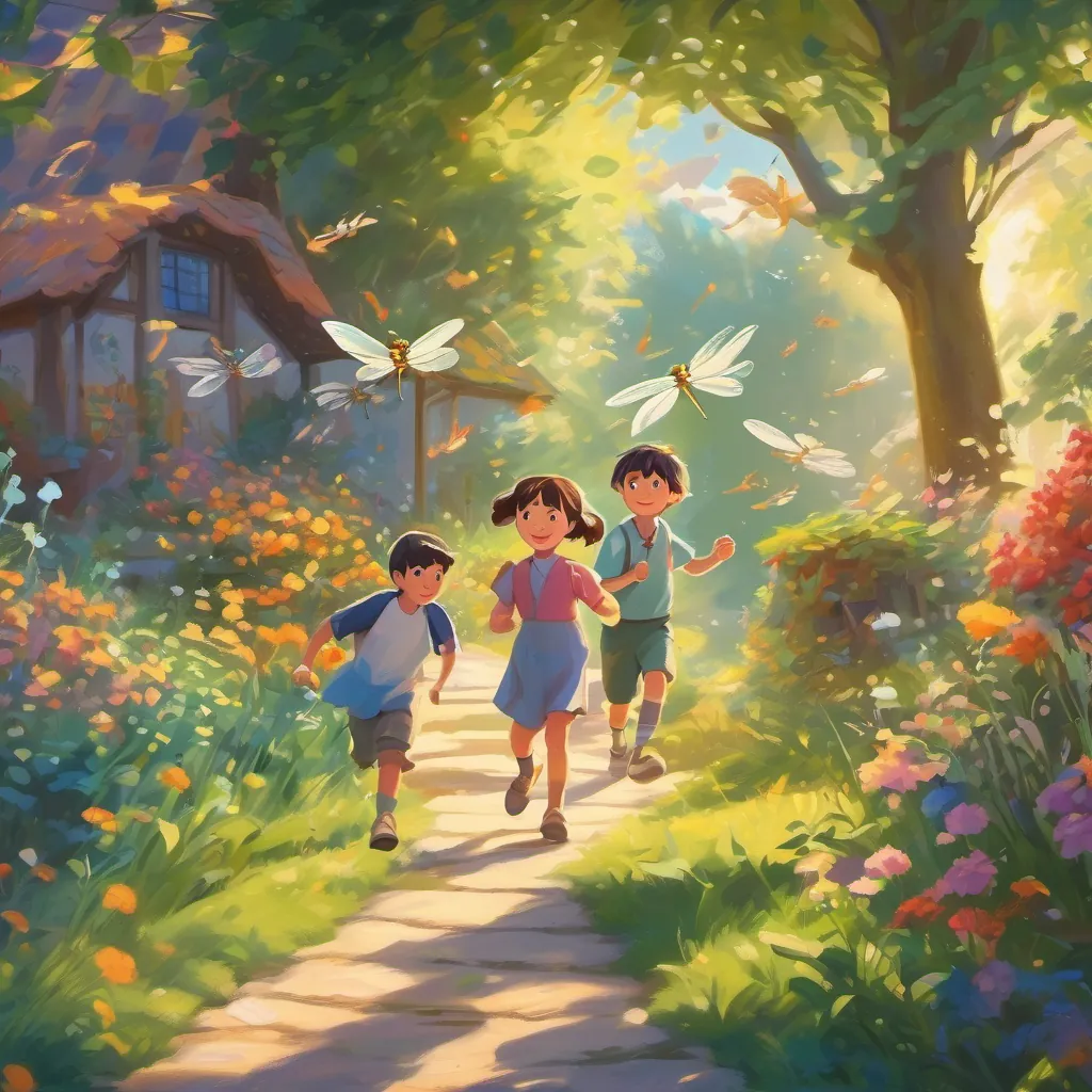 Children chasing colorful dragonflies in a sunlight-drenched garden.