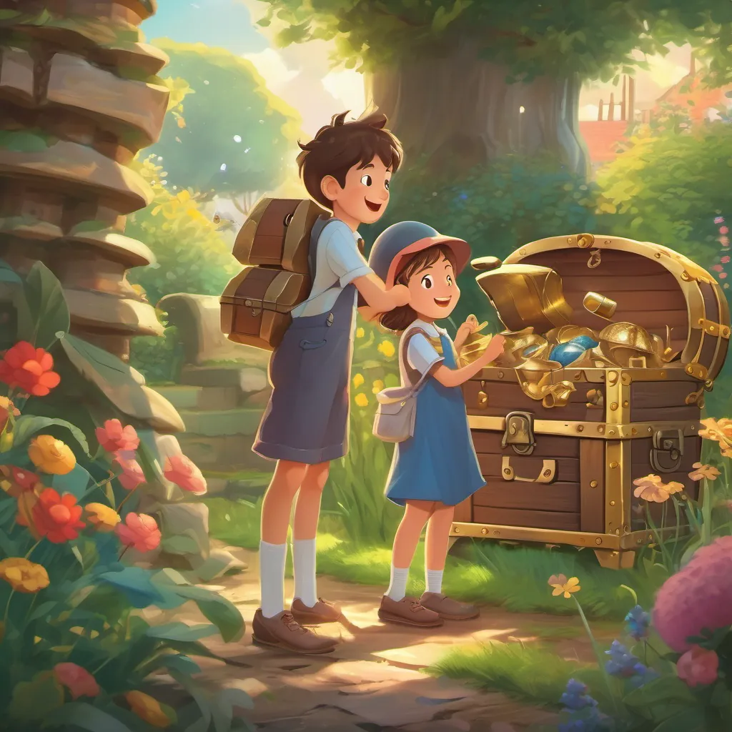 An excited boy and girl discovering a whimsical treasure chest in the garden.