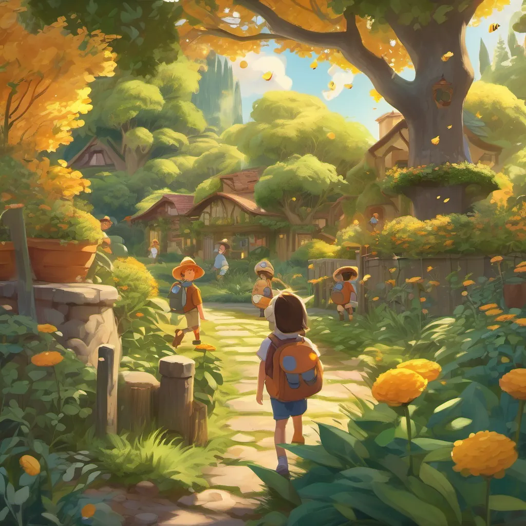 A lively garden filled with bees, rustling leaves, and kids ready to play hide and seek.