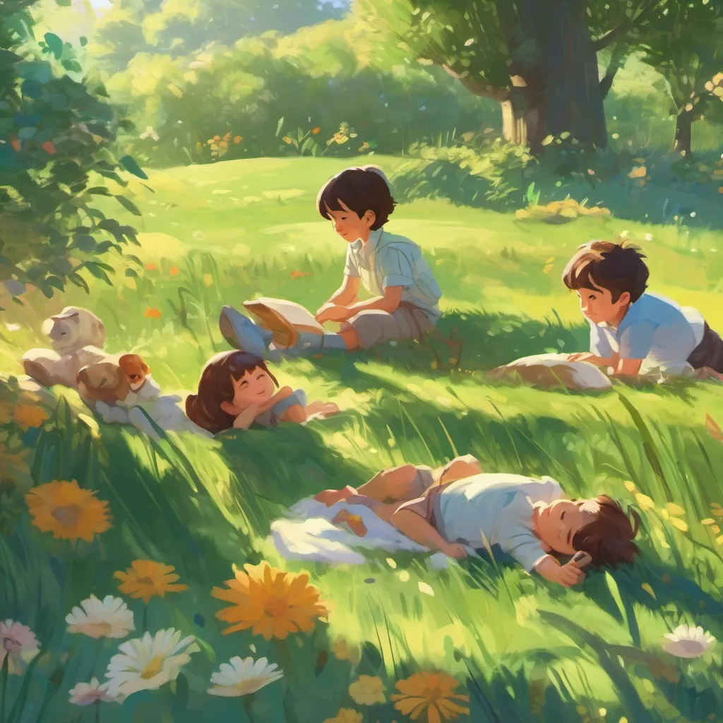 The kids lying on the grass, bathed in sunlight, reflecting on their joyful play.