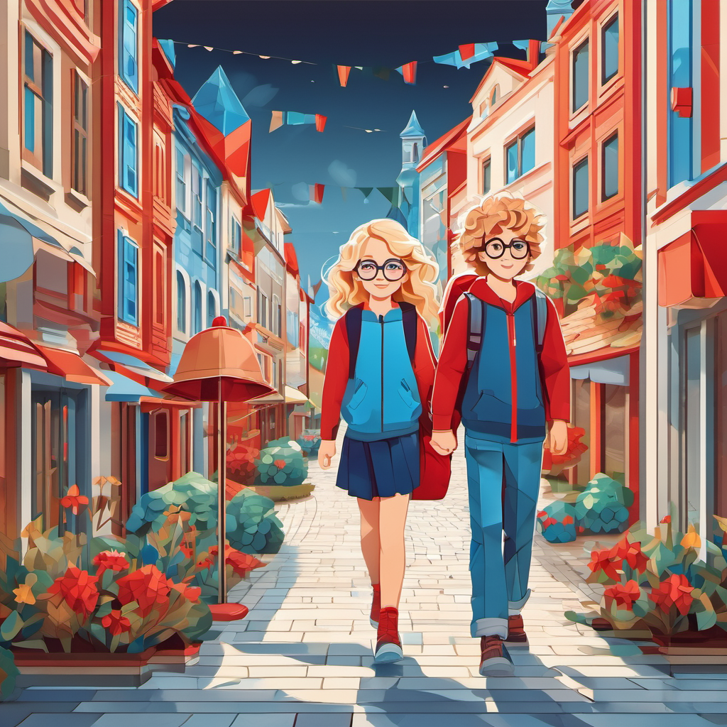A boy with curly brown hair and blue glasses and A girl with long blonde hair and a red backpack walking together in the town