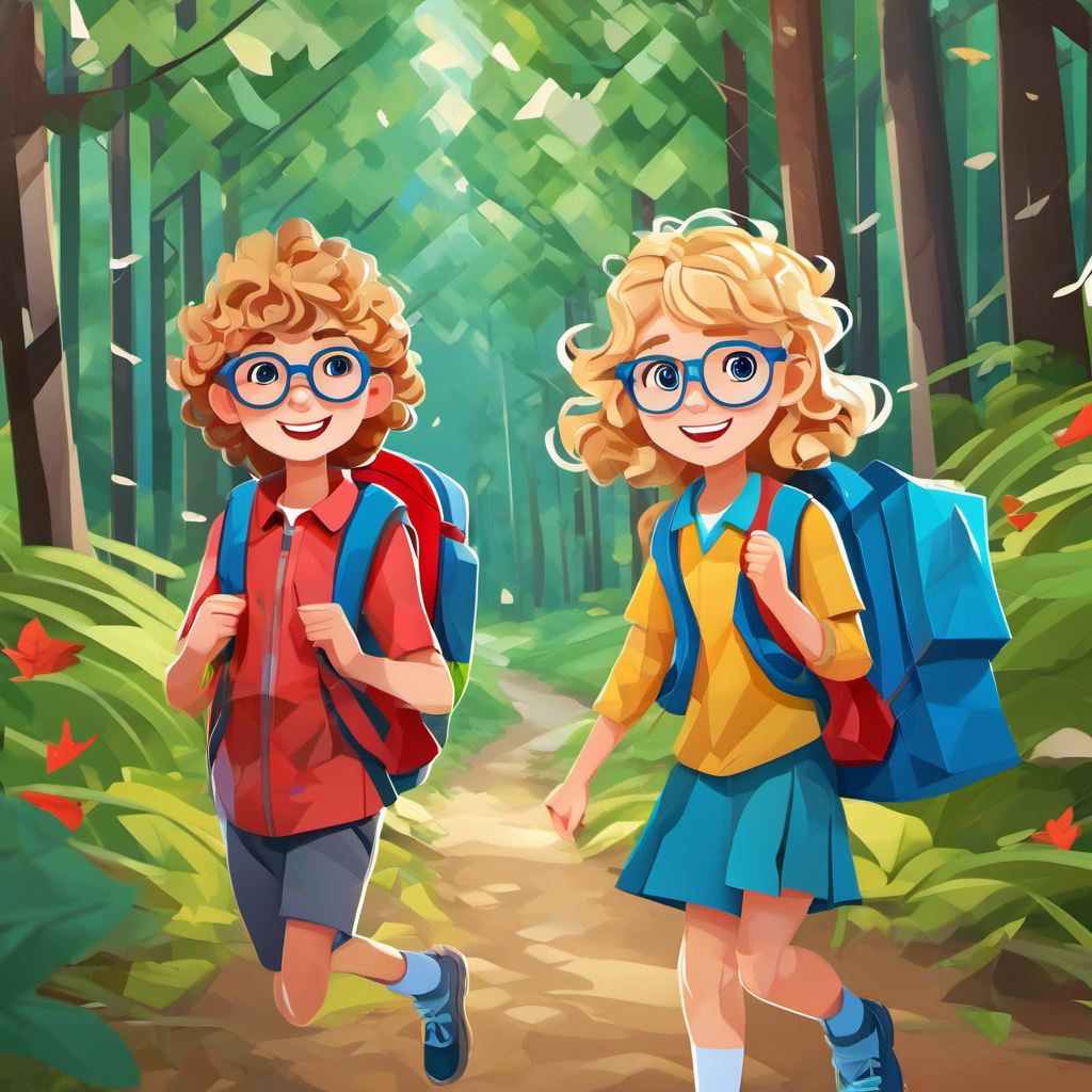 A boy with curly brown hair and blue glasses and A girl with long blonde hair and a red backpack on a forest trail, holding their backpacks