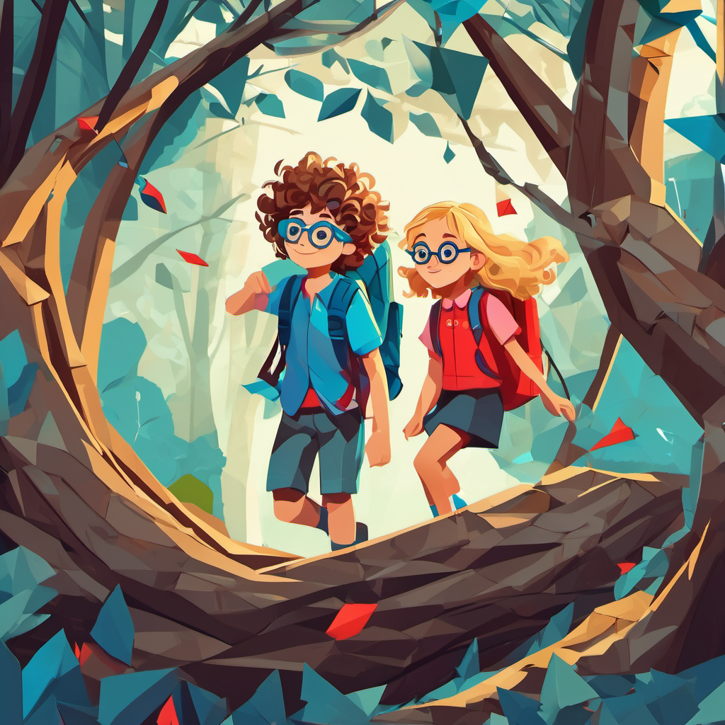 A boy with curly brown hair and blue glasses and A girl with long blonde hair and a red backpack helping each other climb over fallen trees