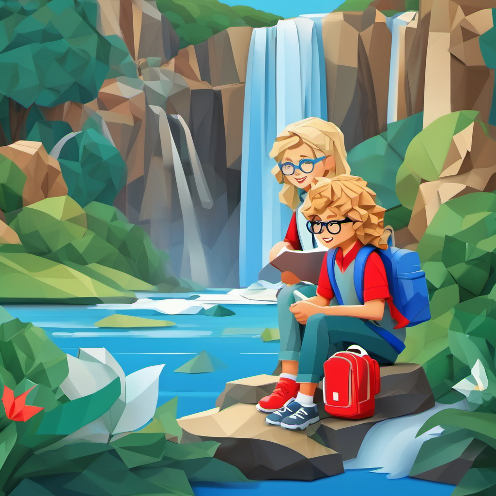 A boy with curly brown hair and blue glasses and A girl with long blonde hair and a red backpack sitting beside a beautiful waterfall