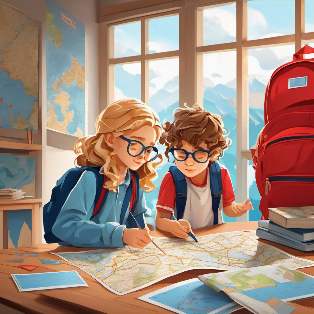 A boy with curly brown hair and blue glasses and A girl with long blonde hair and a red backpack looking at a map, trying to find their way