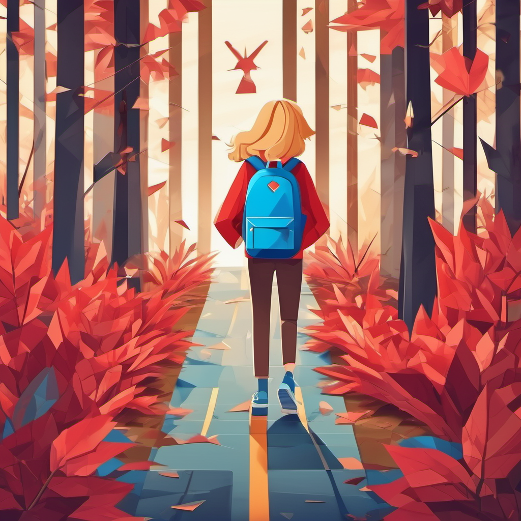 A boy with curly brown hair and blue glasses and A girl with long blonde hair and a red backpack hugging each other at the forest exit