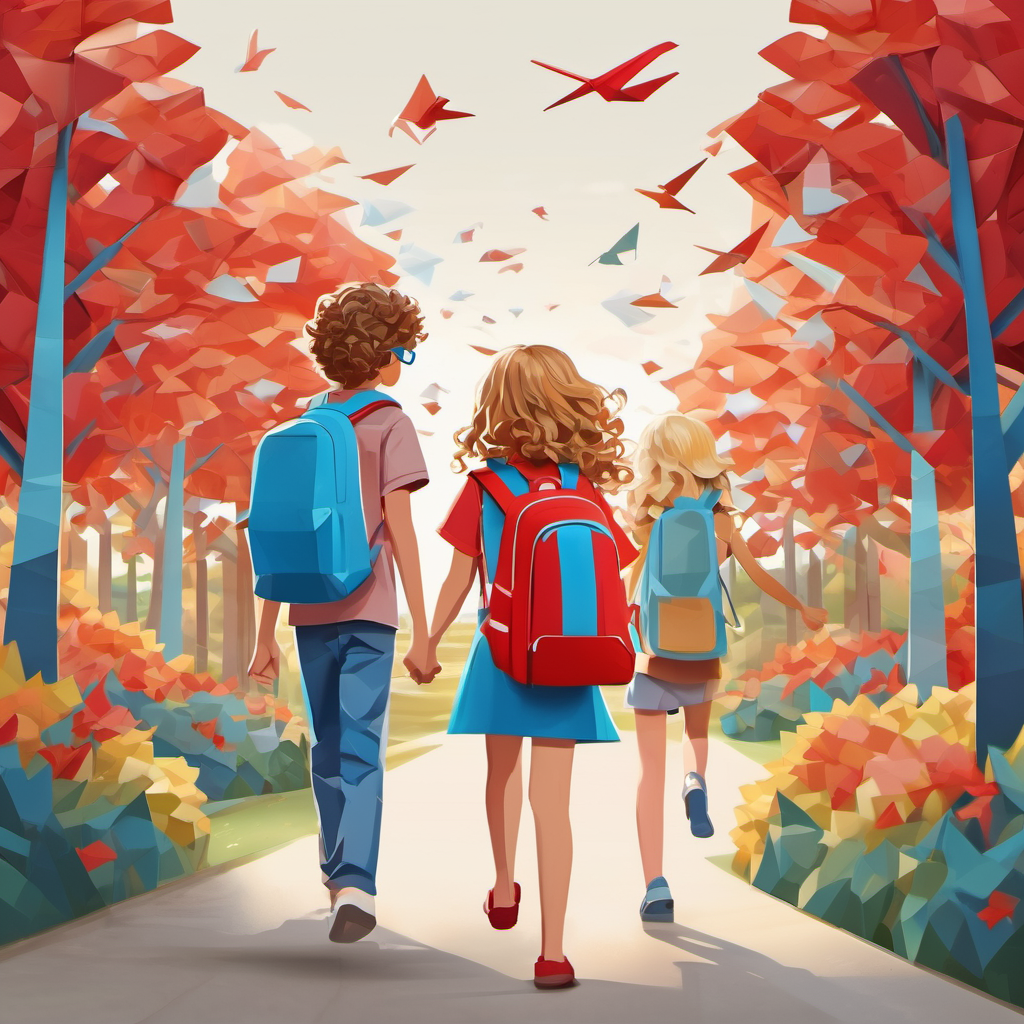 A boy with curly brown hair and blue glasses and A girl with long blonde hair and a red backpack walking hand in hand, with smiles on their faces