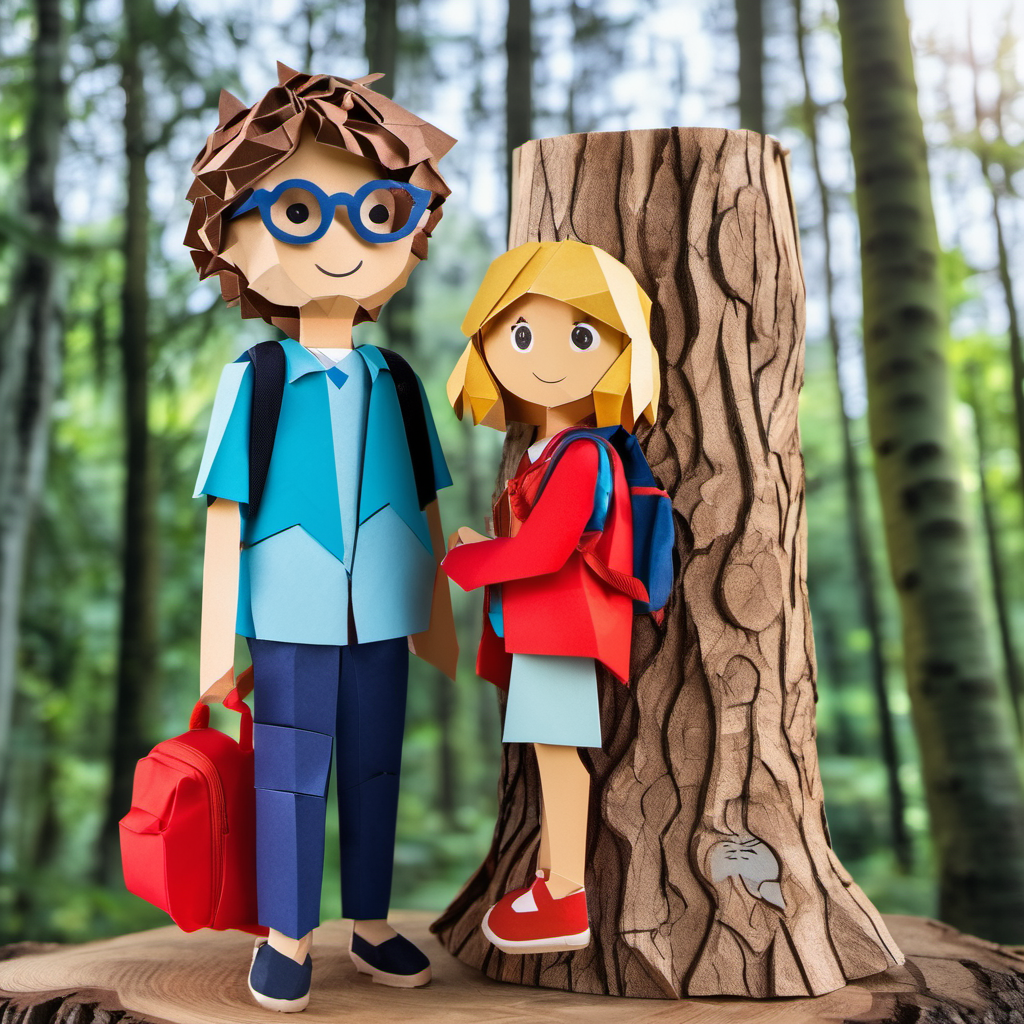 A boy with curly brown hair and blue glasses and A girl with long blonde hair and a red backpack's names written on a tree trunk