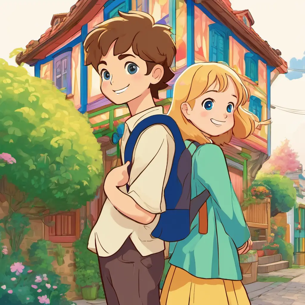 Lily: A cheerful girl with brown hair and blue eyes and Leo: A playful boy with blonde hair and green eyes standing in front of their colorful houses, holding backpacks