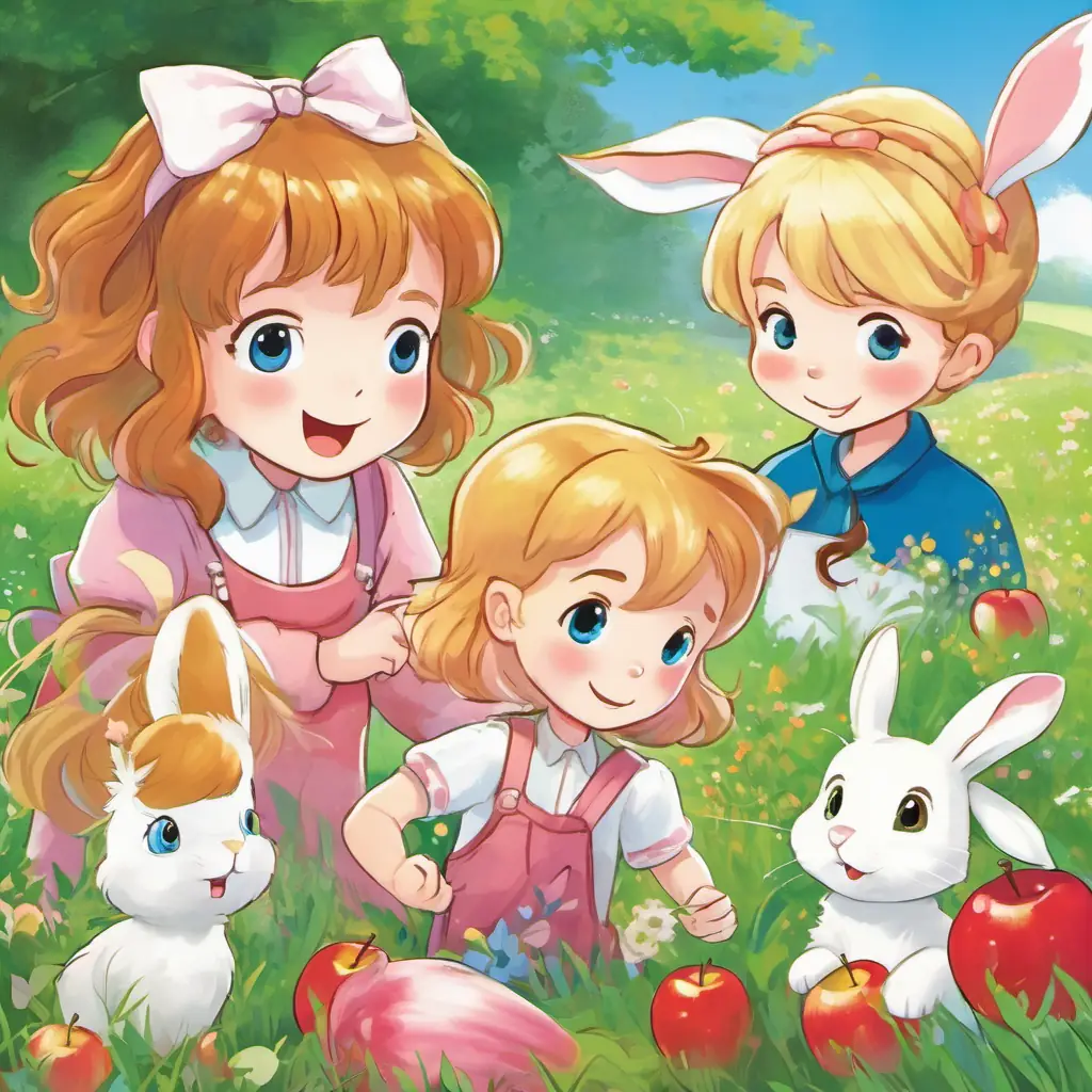 Lily: A cheerful girl with brown hair and blue eyes, Leo: A playful boy with blonde hair and green eyes, and Ruby: A mischievous rabbit with white fur and pink eyes in a meadow with a picture of three apples